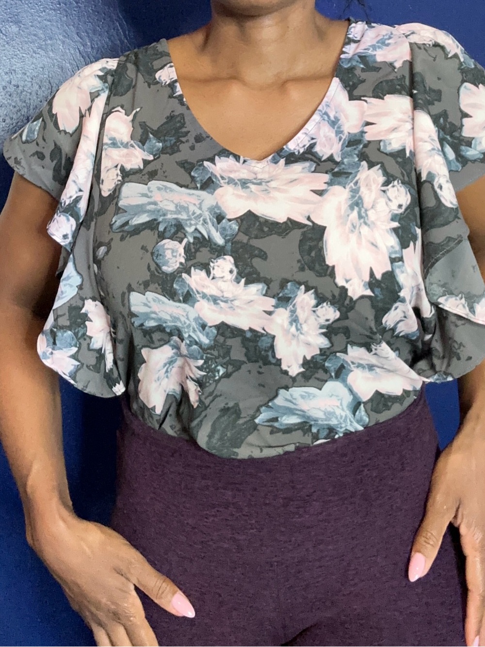 Collective Concepts Gray Floral V-Neck Blouse with Pink Accents